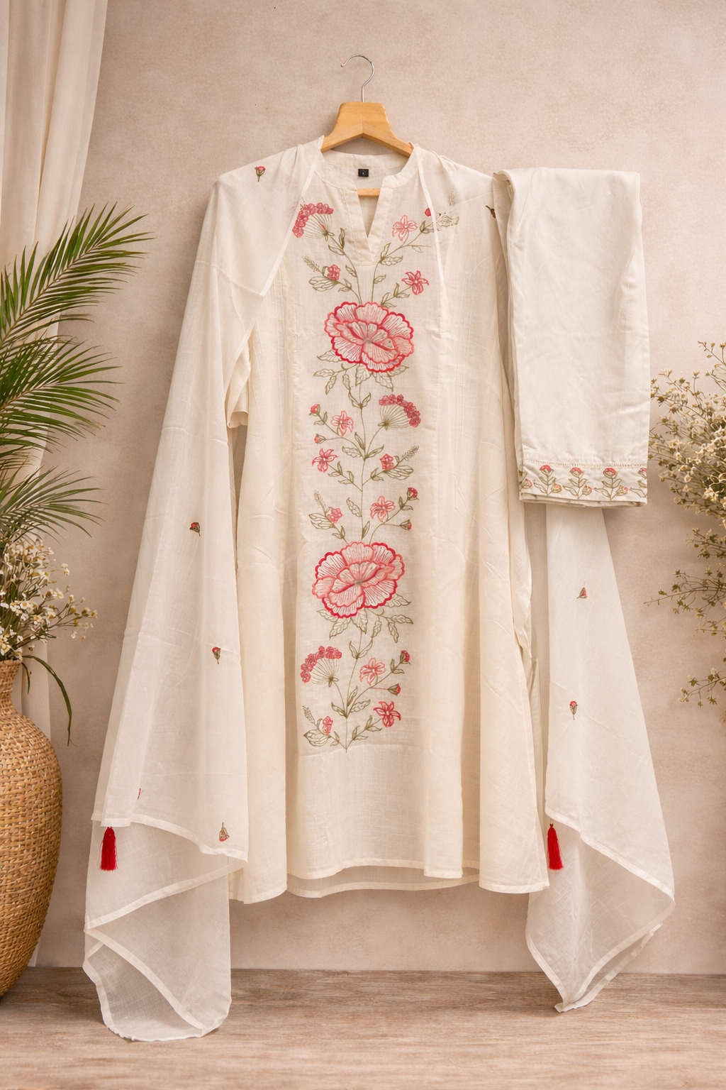 P001 _Off-white Floral Embroidered Kurta Set