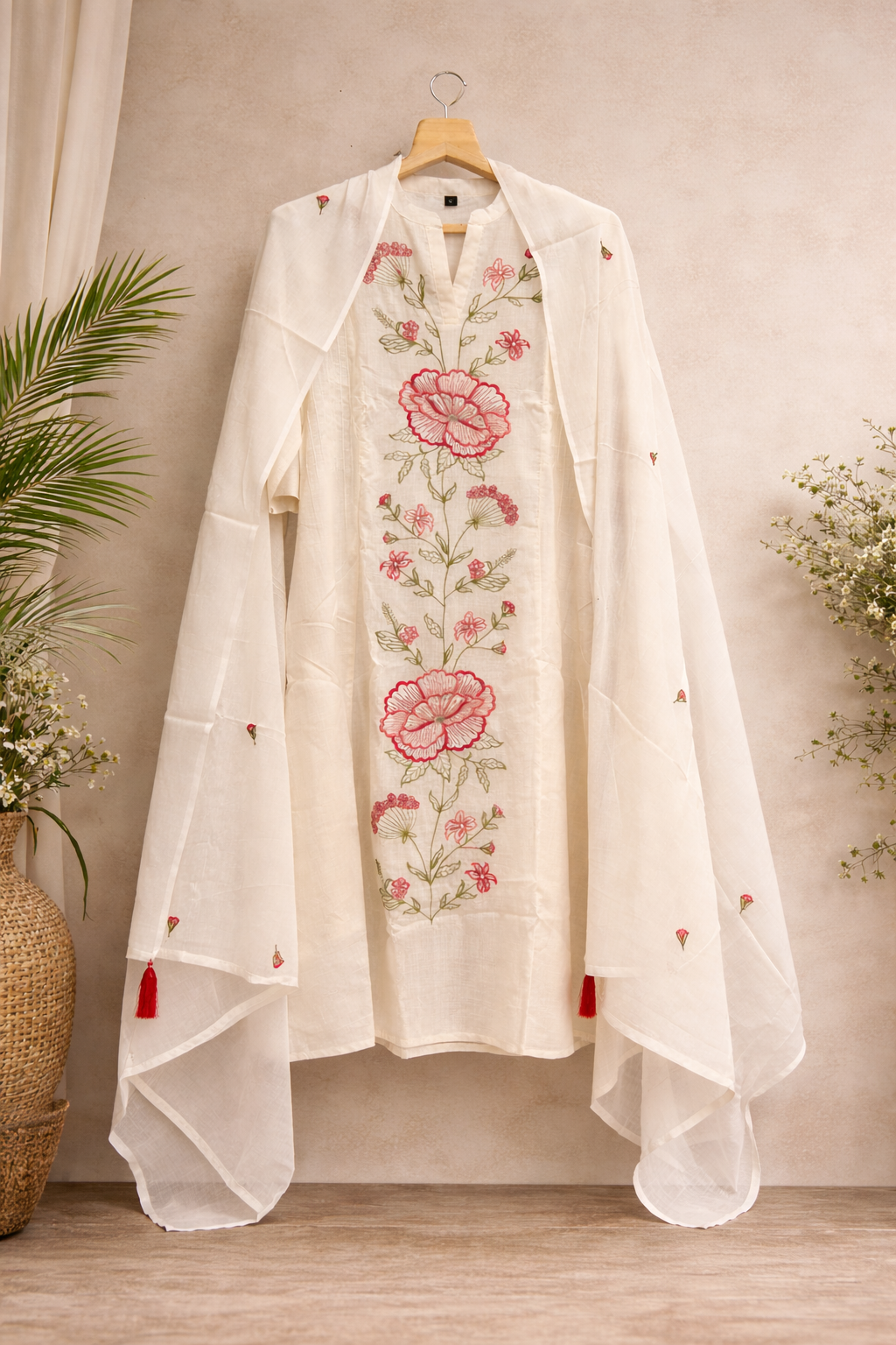 P001 _Off-white Floral Embroidered Kurta Set