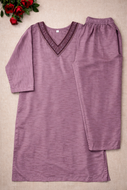 P002_Mauve Silk Kurta Set with V-Neck